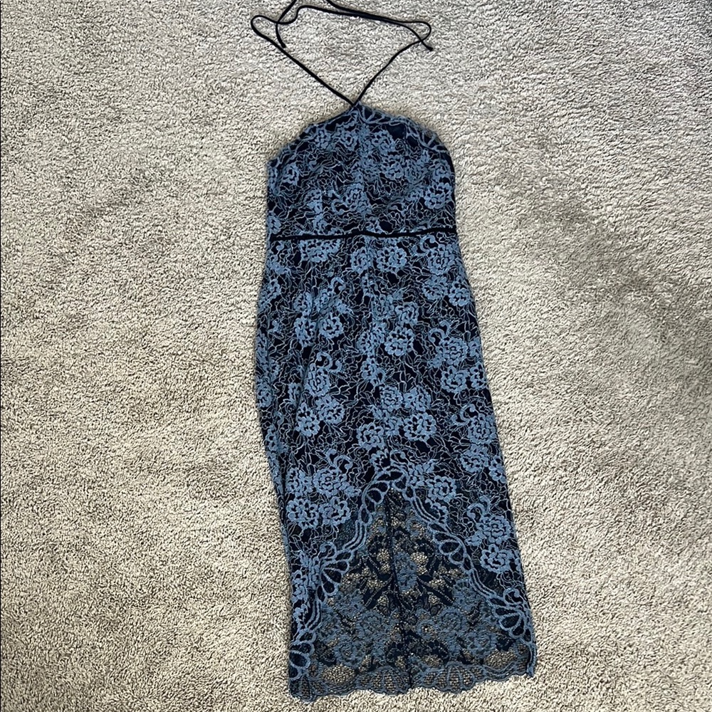 Blue High Low Sheath Dress with Halter Neckline